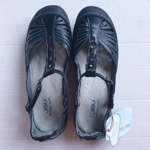 JBU Wm Melon Black Memory Foam Vegan Cutout Leather Sneakers Velcro T-Strap 7.5 - Picture 12 of 16